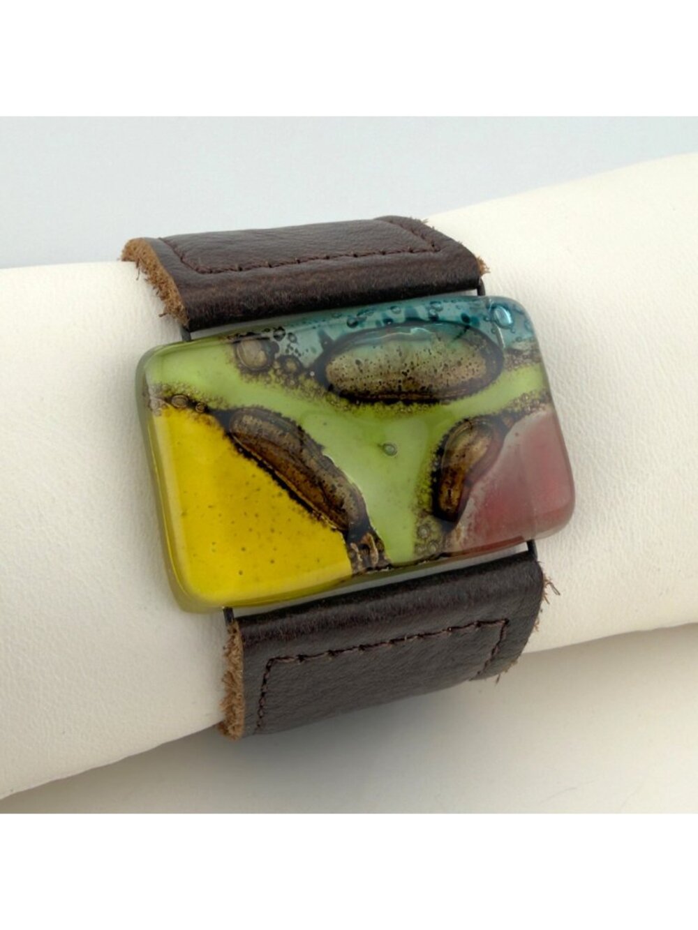 Handcrafted Leather Fused Art Glass Bracelet Wide Brown Recycled Multicolor